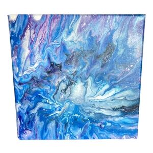 Abstract Fluid Pour Painting Blue White purple 12" x 12" Canvas Home Decor Art